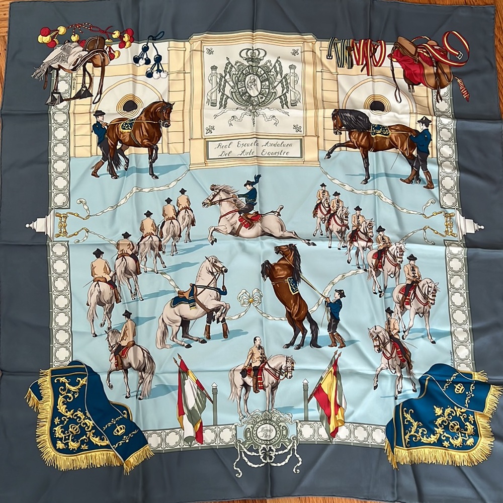 Hermes 90cm 90 Escuela Andalusia Silk Scarf Blue & Teal Equestre Equestr…